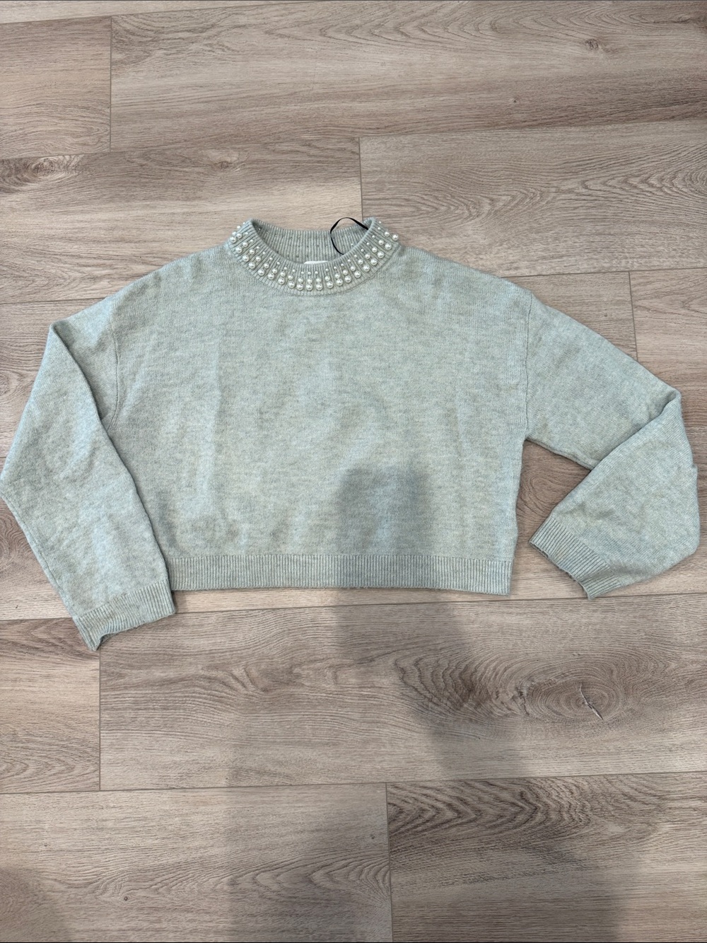 H&M Dusty Blue Pearl-Accent Cropped Sweater